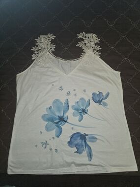 Exclusively Fancy White Camisole with Blue Floral Print and Lace Straps